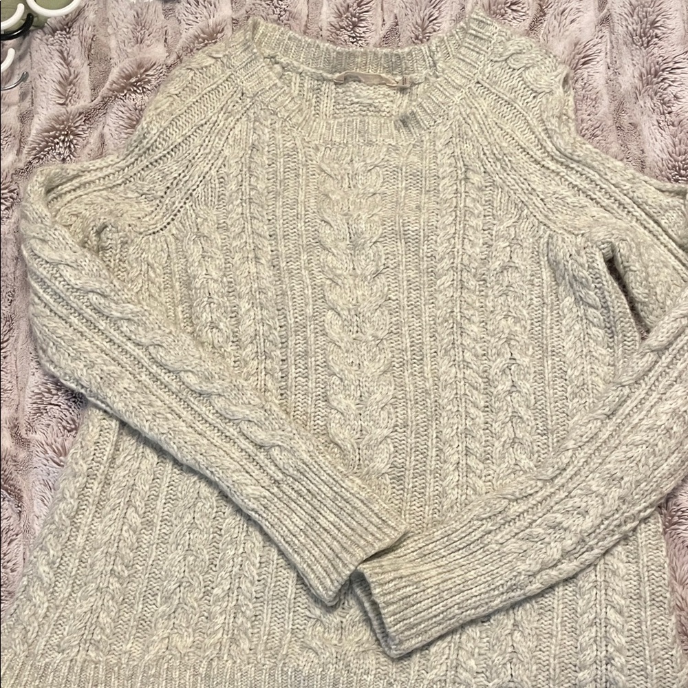 Soft Surroundings Cable Knit Sweater - cold shoulder Cream wool blend